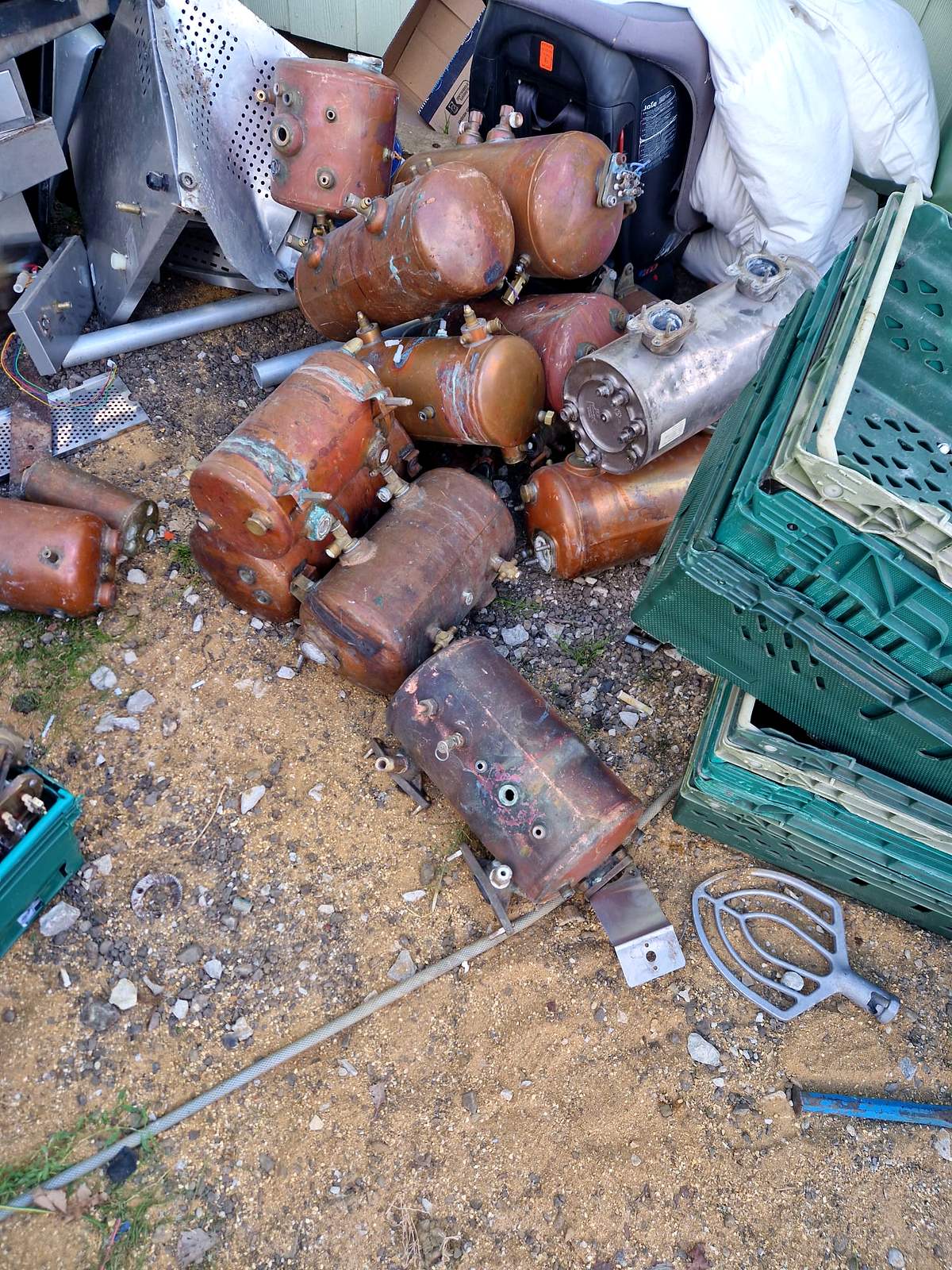 Copper hot water cylinders collected and sorted for recycling